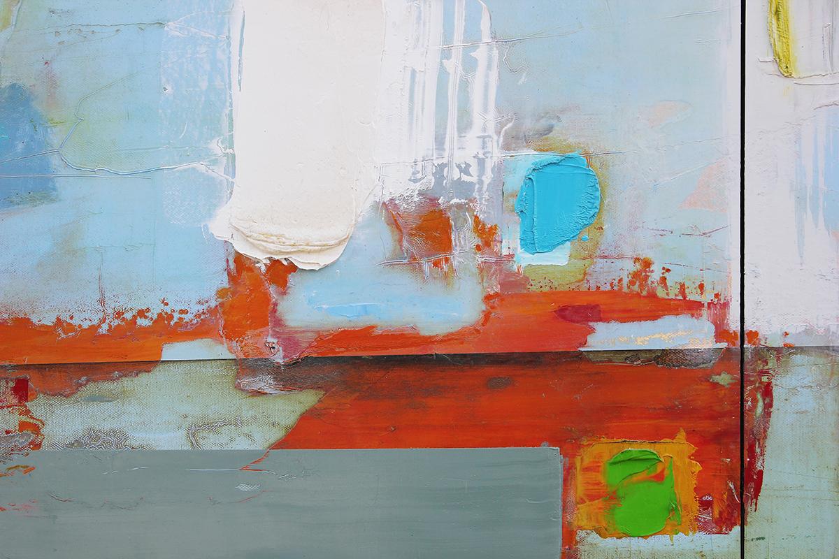 Pittura astratta a tecnica mista di colore bianco, rosa, verde e blu 