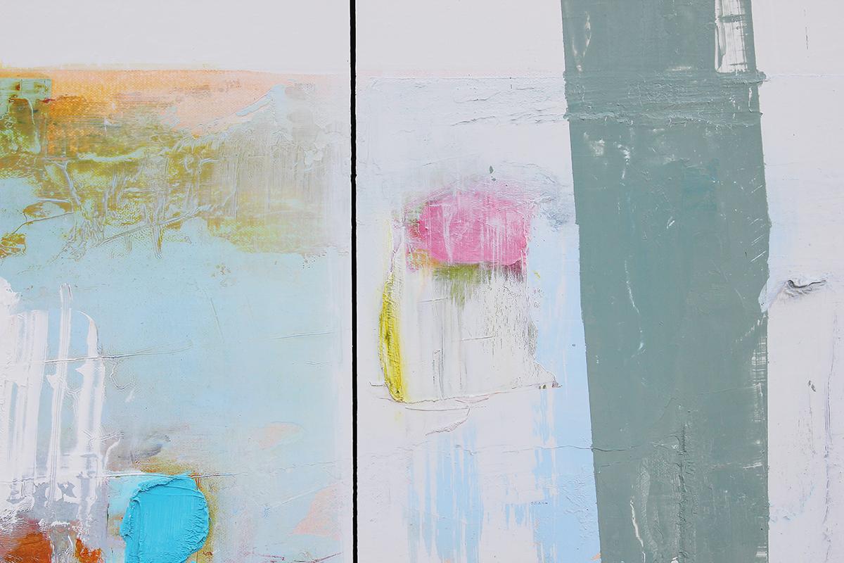 Pittura astratta a tecnica mista di colore bianco, rosa, verde e blu 