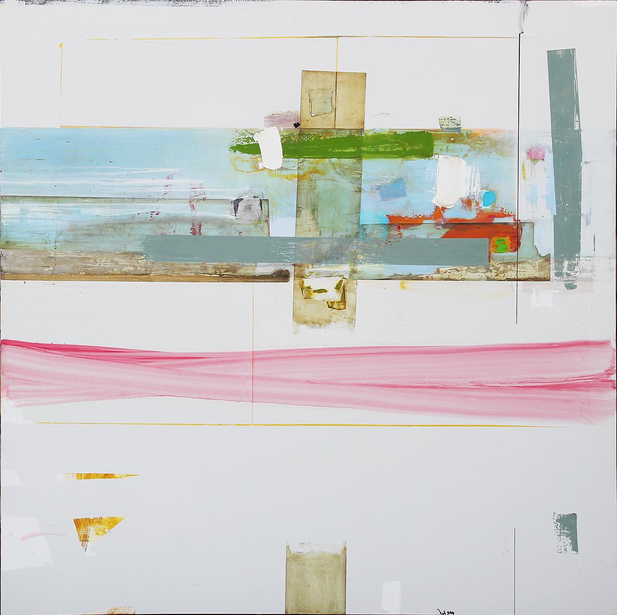 Hank Gray Abstract Painting - "Shoved by Beauty" White, Pink, Green, Blue Toned Abstract Mixed Media Painting