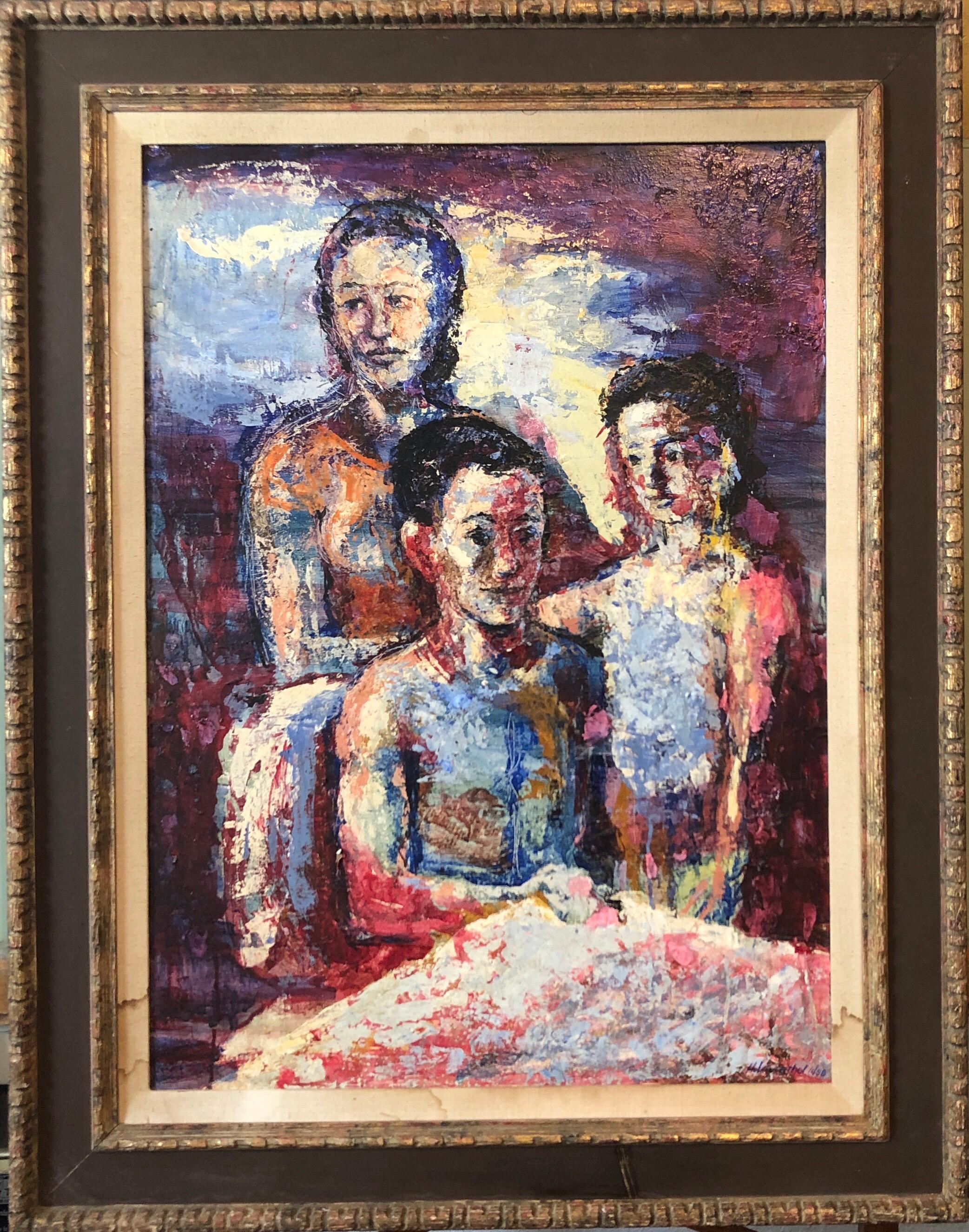 Portrait Painting Hank Laventhol - Portrait de famille surréaliste, grande peinture à l'huile surréaliste Mère, enfants, néo-surréalisme