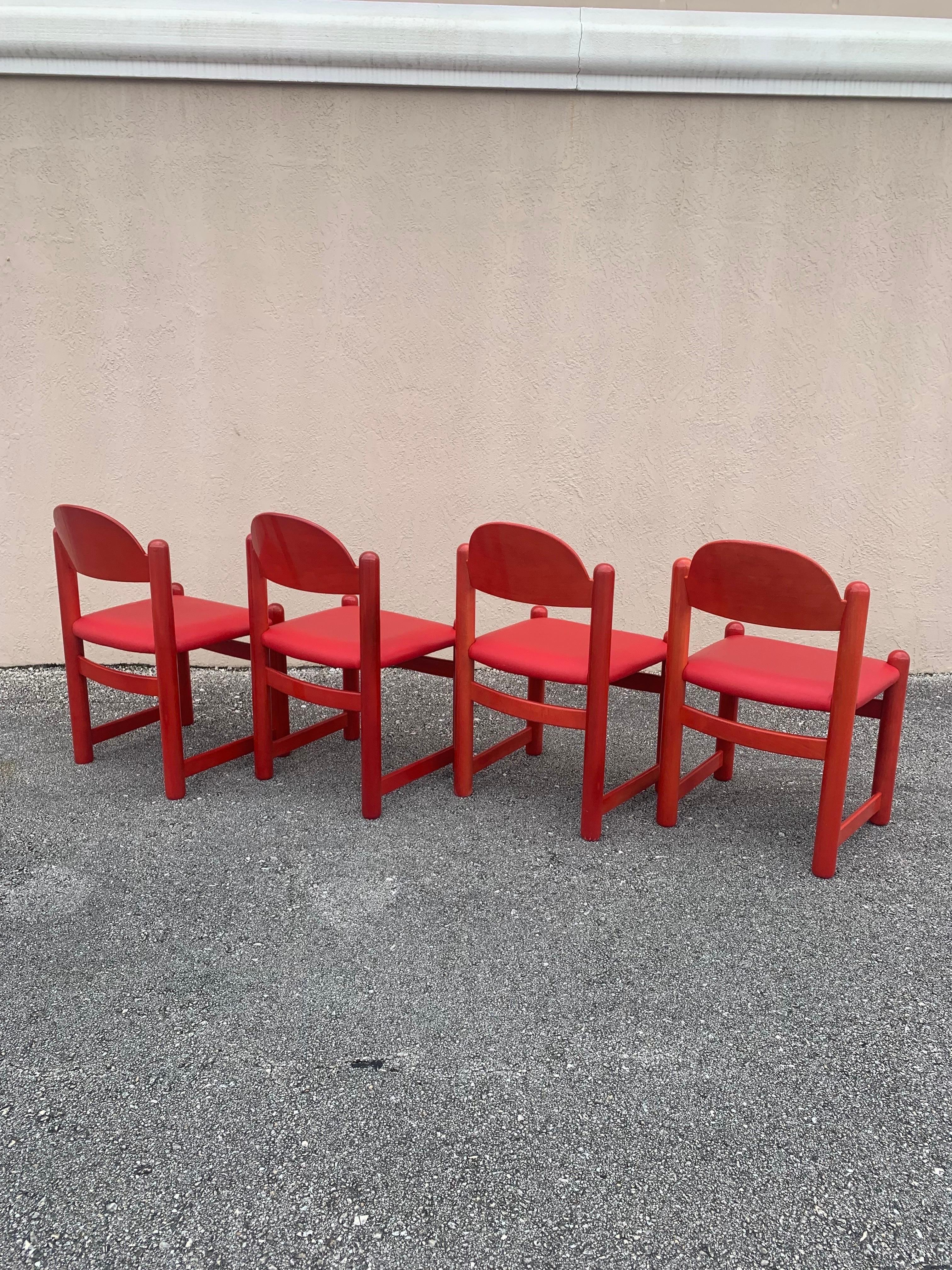 Hank Loewenstein Oak and Leather Chairs in Red, 1970s In Good Condition For Sale In Boynton Beach, FL