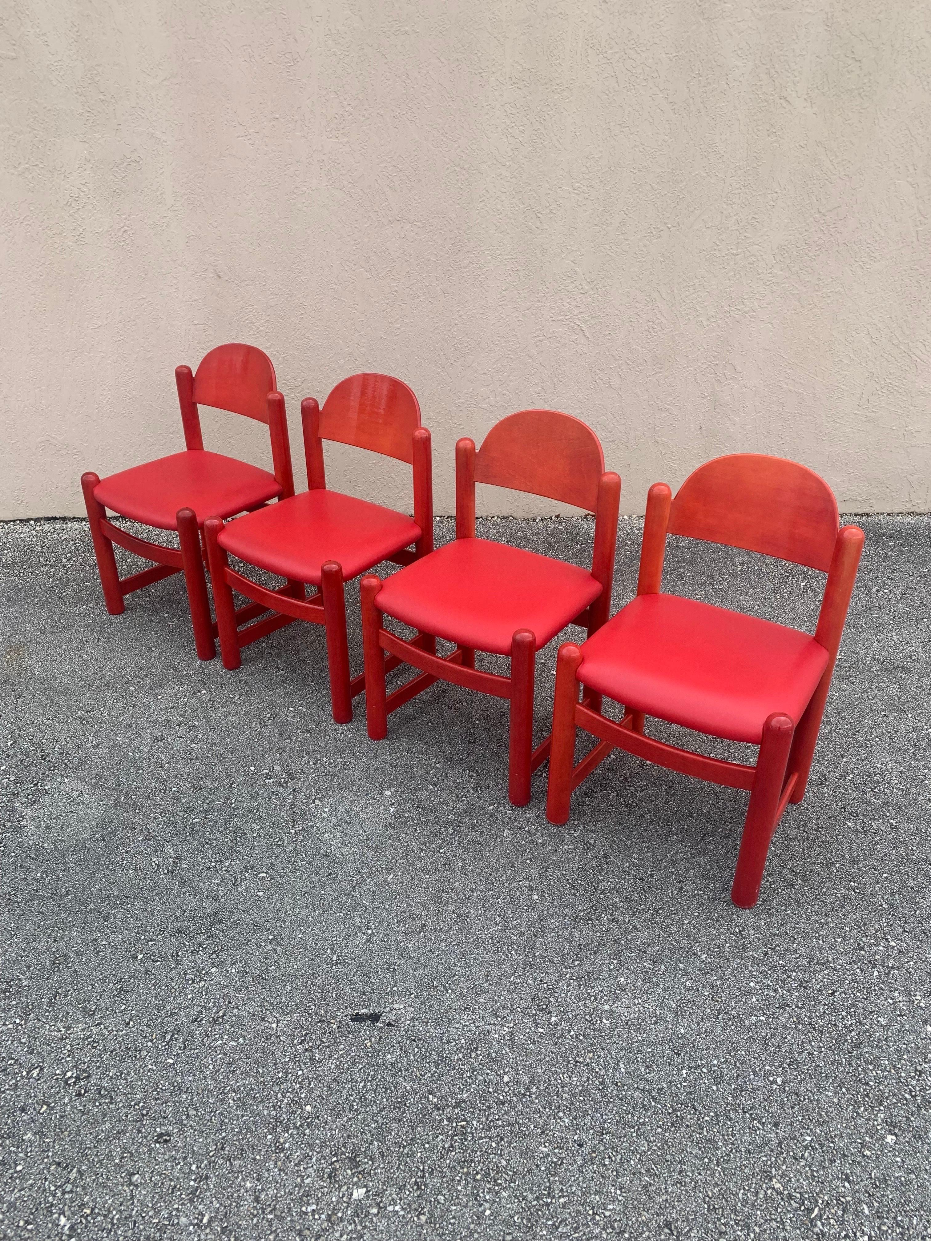 20th Century Hank Loewenstein Oak and Leather Chairs in Red, 1970s For Sale