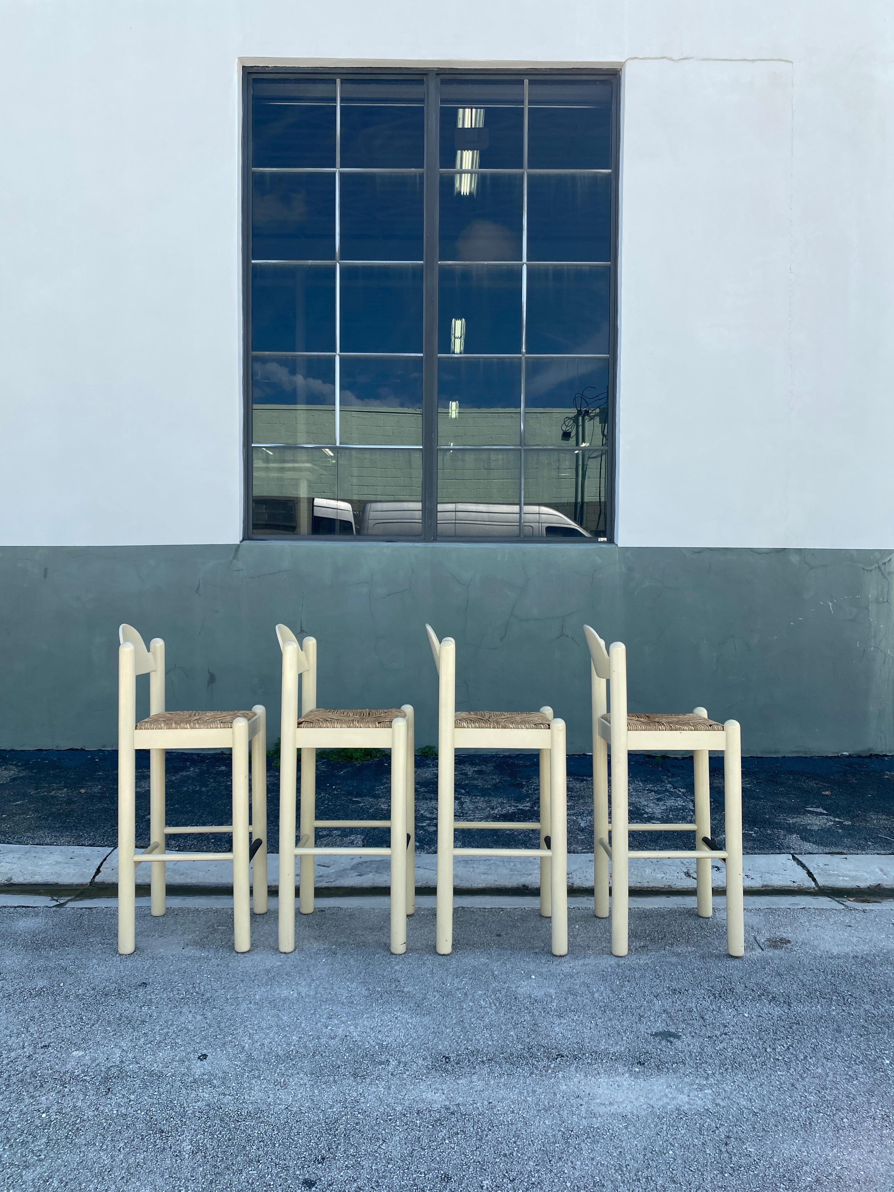 Hank Lowenstein's Oggo Pavoda barstools in warm-white wood with rush seats In Fair Condition In Asheville, NC