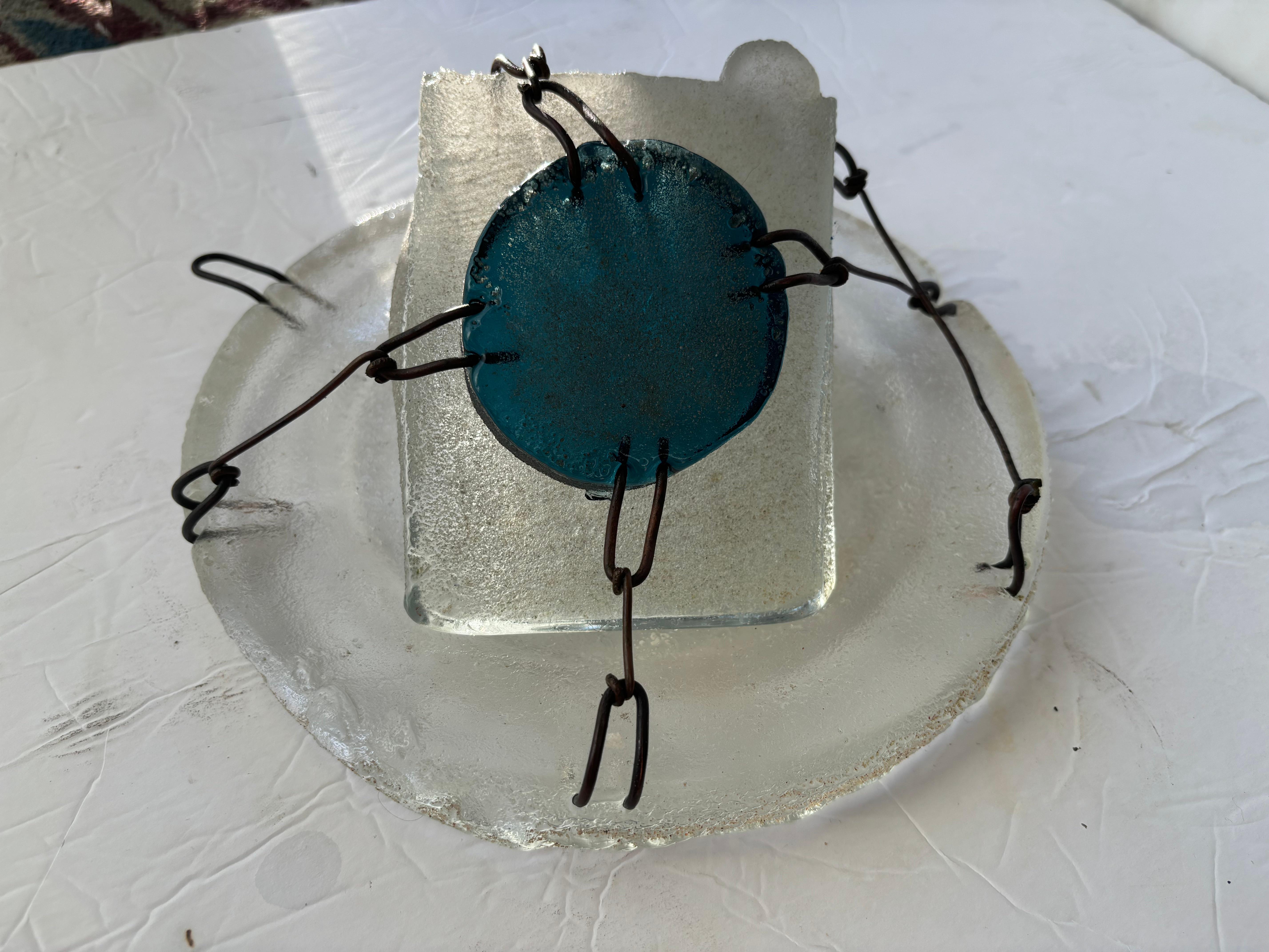 Post-Modern Hank Murta Adams  cast glass and wire abstract sculpture 