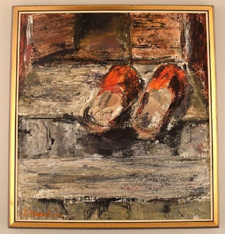 Hanna Brundin (1914-2000), Sweden. Oil on canvas. Slippers on a staircase. Modernist, 1970s.
The canvas measures: 36.5 x 33.5 cm.
The frame measures: 2 cm.
In excellent condition.
Signed.
