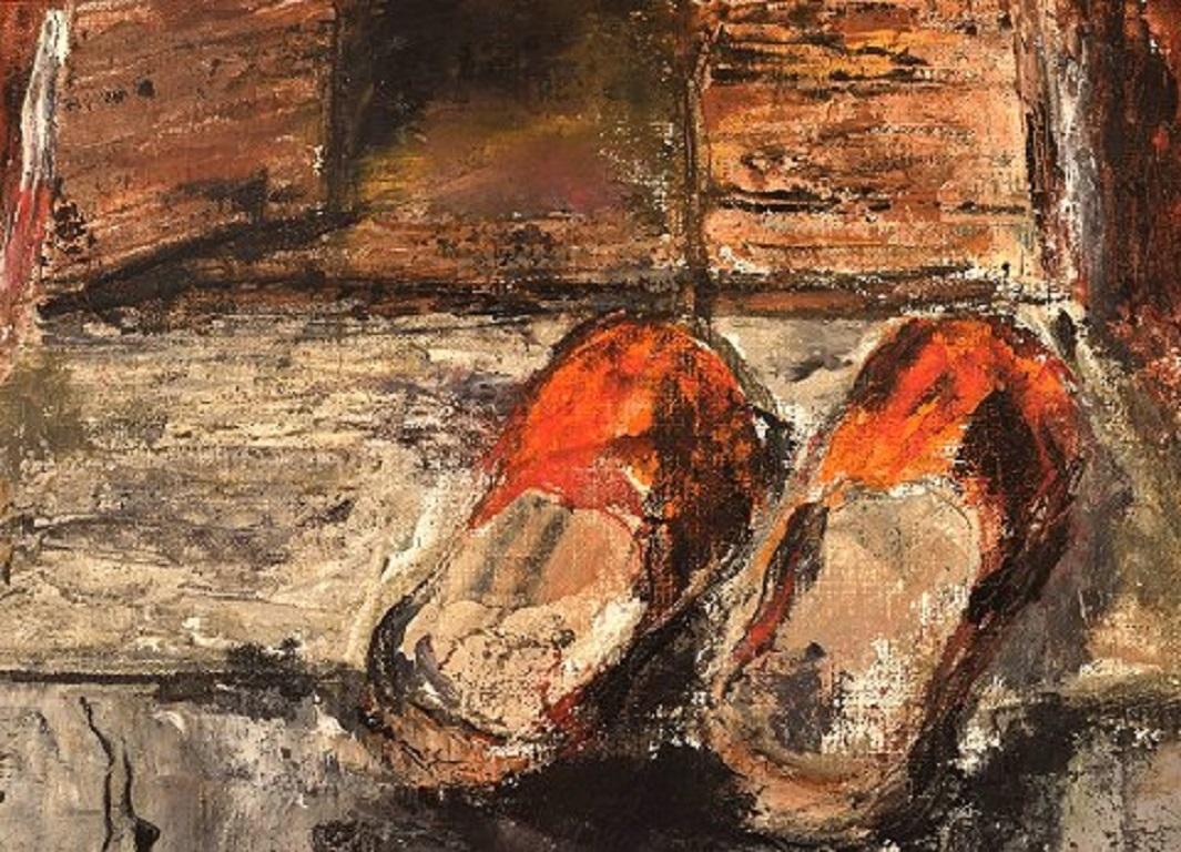 Scandinavian Modern Hanna Brundin, Sweden, Oil on Canvas, Slippers on a Staircase For Sale