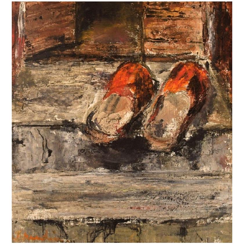 Hanna Brundin, Sweden, Oil on Canvas, Slippers on a Staircase For Sale