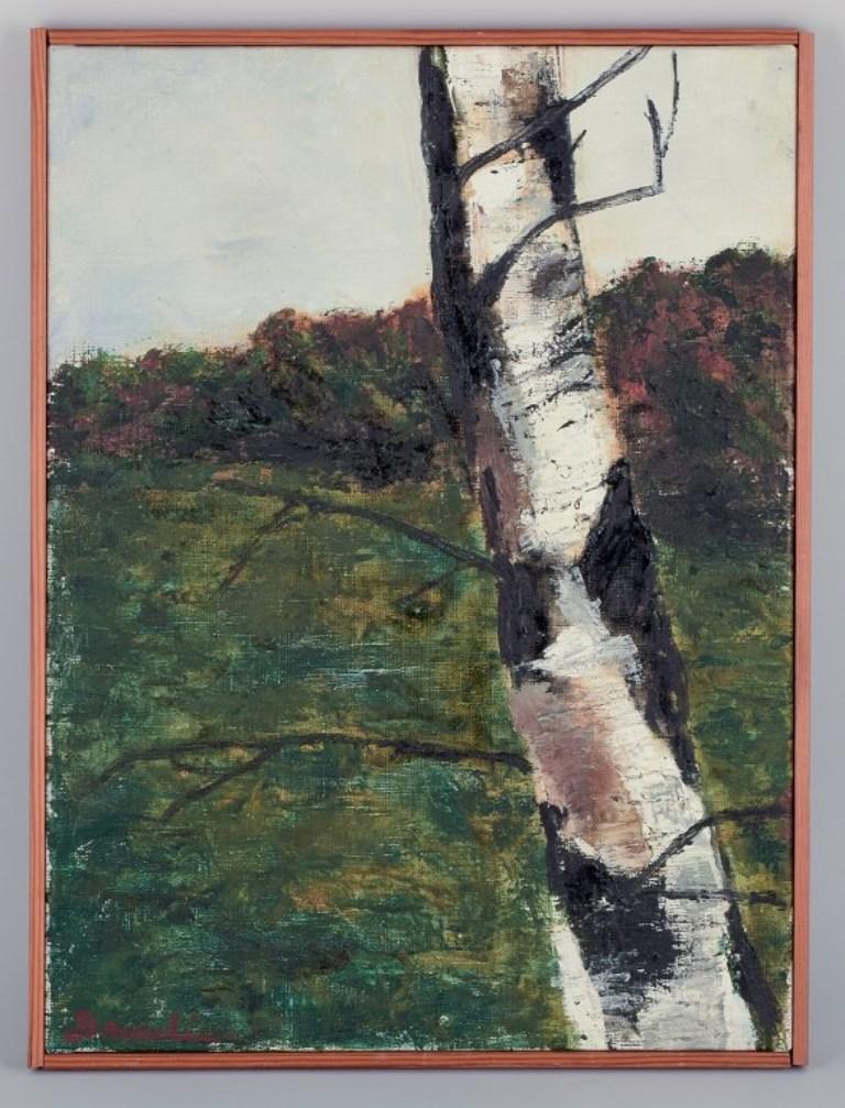 Hanna Brundin (1914-2000), artista svedese. 
Olio su tela. Paesaggio con una betulla in primo piano.
Colpi spessi. Tavolozza sobria.
Dagli anni '60/'70.
Firmato.
Condizioni perfette.
Dimensioni: 51,0 cm x 38,0 cm.
Dimensioni totali: 53,0 cm x 40,0