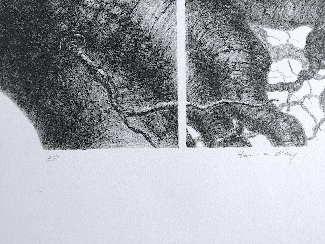 MÄCHTIGER BALKEN I  Signierte Steinlithographie, Baumporträt, Surreale botanische Zeichnung (Grau), Still-Life Print, von Hanna Kay