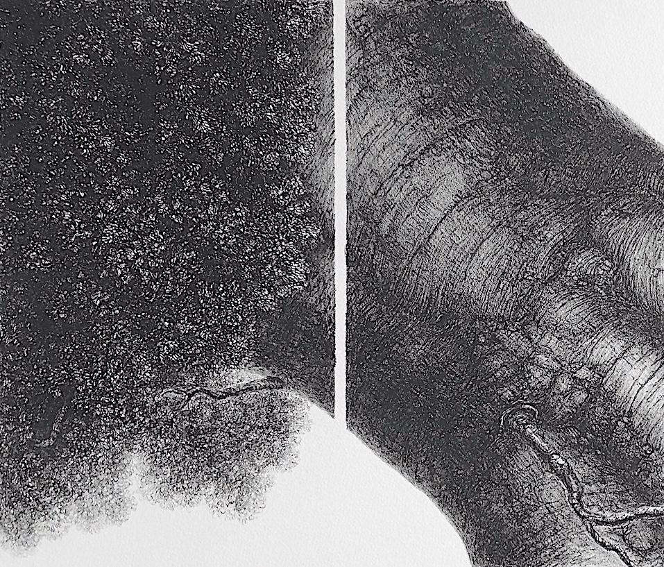 ÁRBOL PODEROSO I  Litografía firmada Stone, Retrato de árbol, Raíces, Dibujo surrealista - Still-Life Print Gris de Hanna Kay