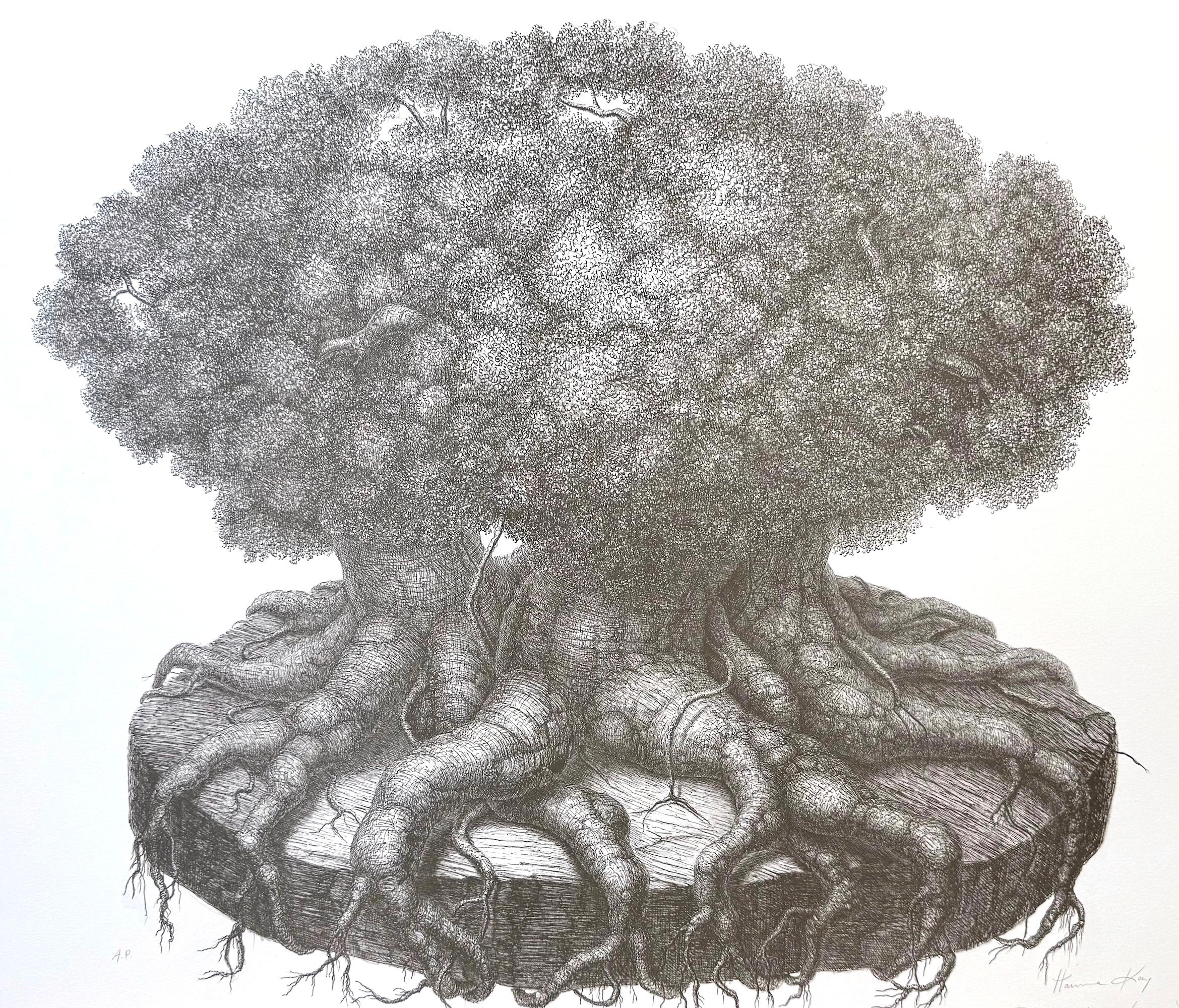 SURVIVOR TREE Signierte Lithographie, Surreale Zeichnung, Fantasiebaumporträt, Fantasiebaumporträt – Print von Hanna Kay