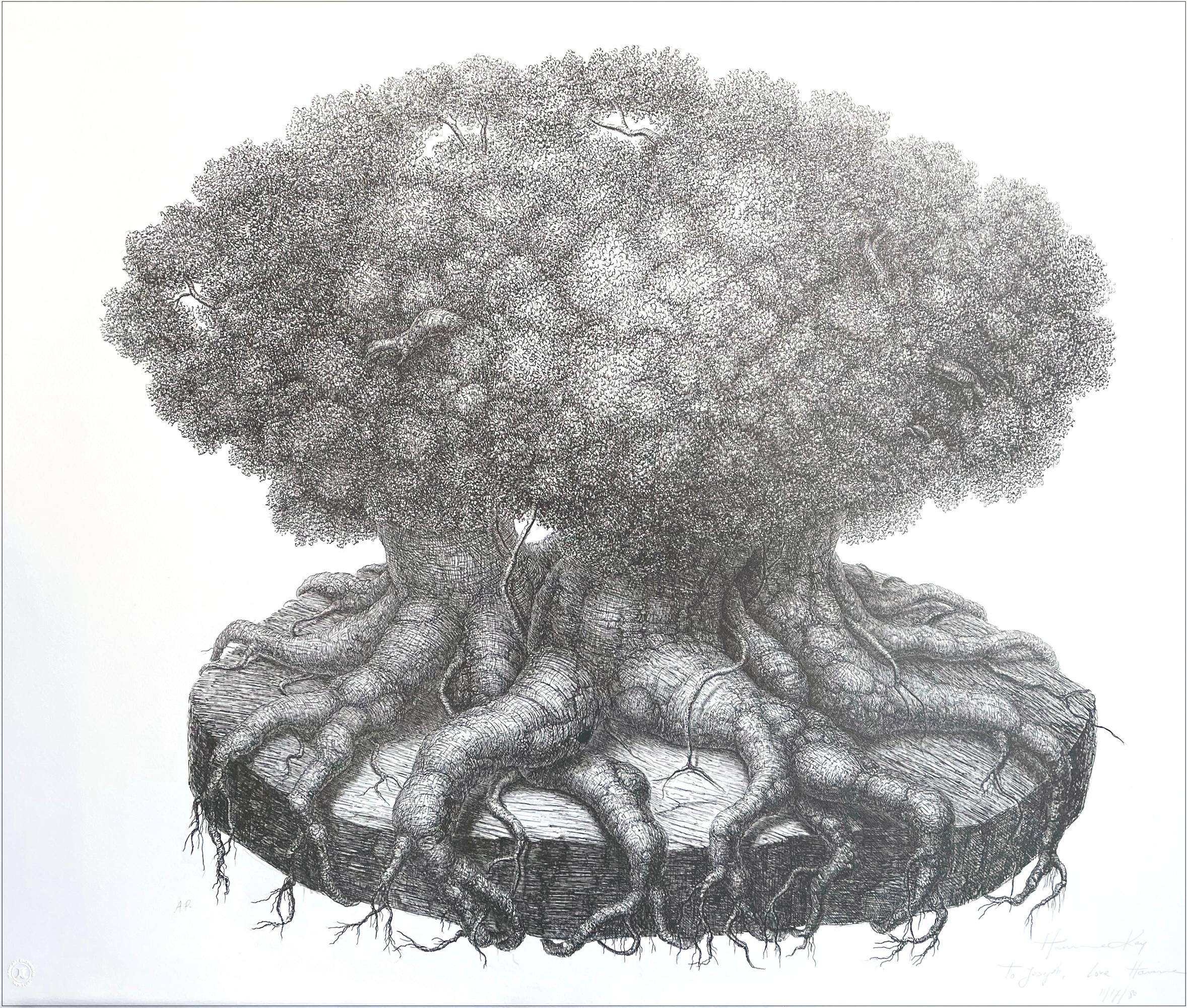 Lithographie signée SURVIvor TREE, dessin surréaliste, portrait d'arbre fantastique