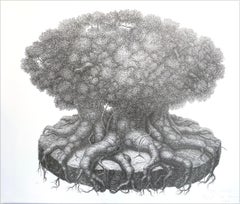 SURVIVOR TREE Signierte Lithographie, Surreale Zeichnung, Fantasiebaumporträt, Fantasiebaumporträt