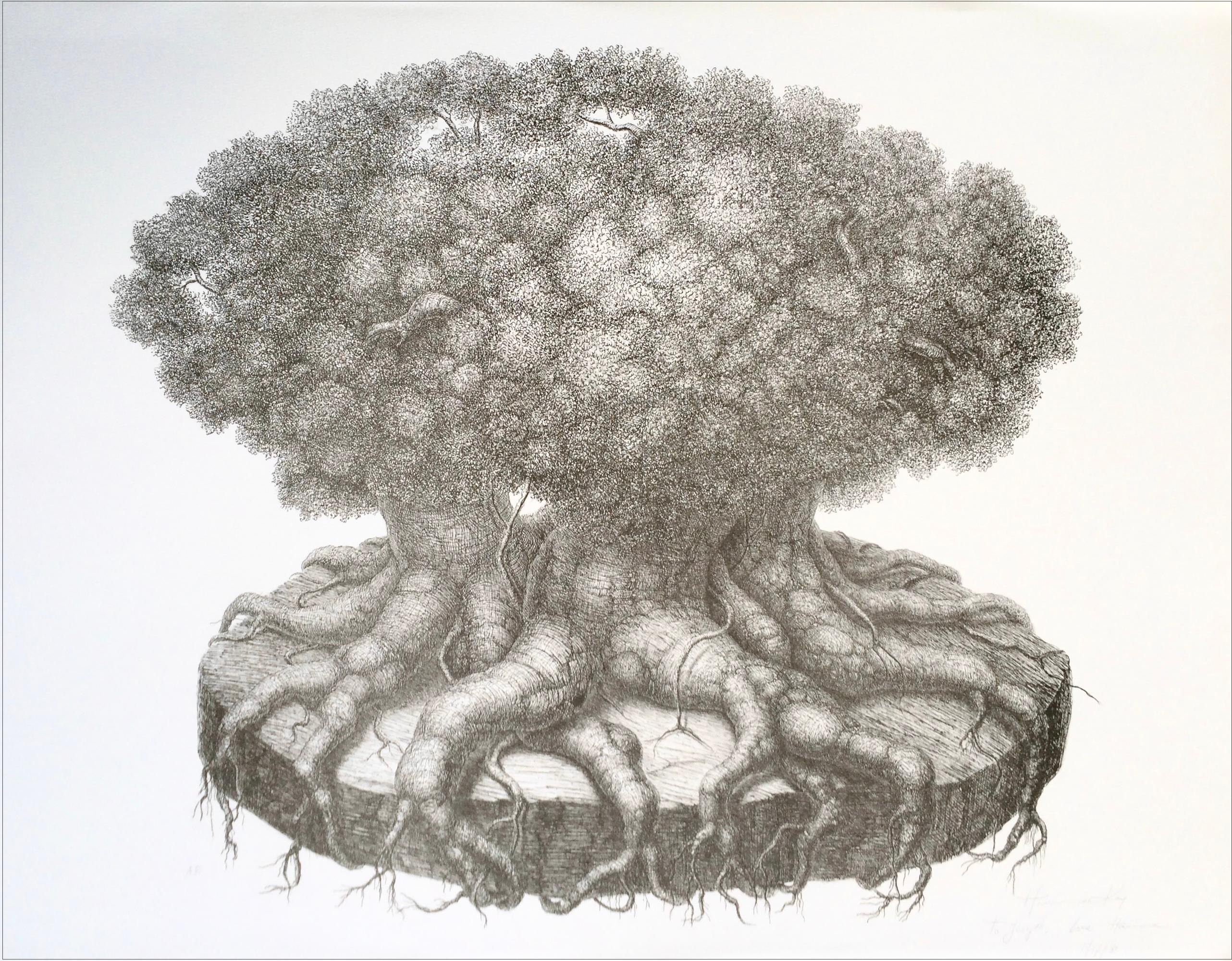 SURVIVOR TREE Signierte Lithographie, Surreale Zeichnung, Fantasie-Baumportrait, Wurzeln