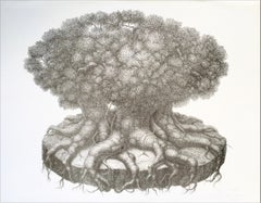 SURVIVOR TREE Signierte Lithographie, Surreale Zeichnung, Fantasie-Baumportrait, Wurzeln