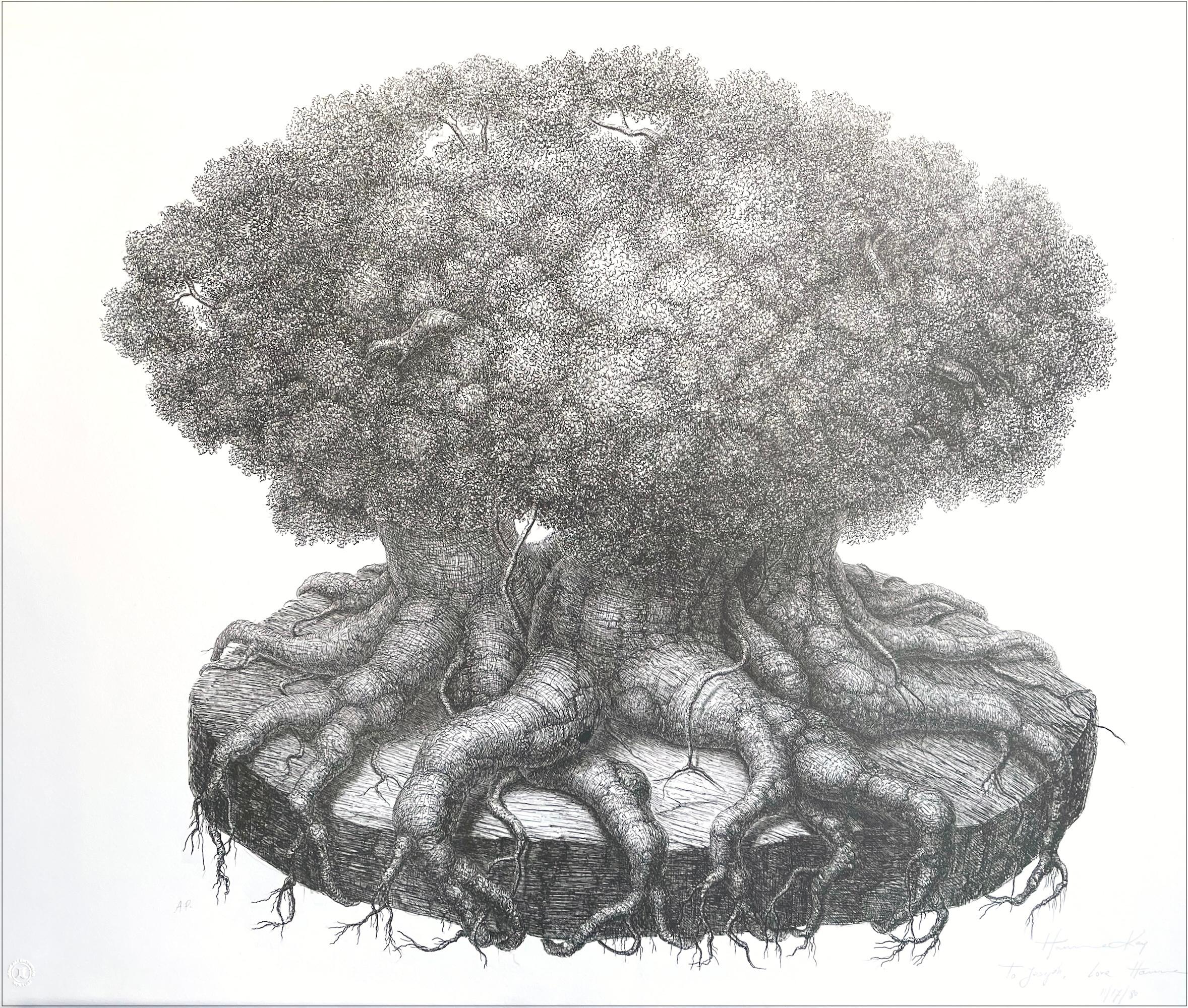 ÁRBOL SUPERVIVIENTE Litografía firmada, Dibujo surrealista, Retrato de árbol fantástico, Raíces