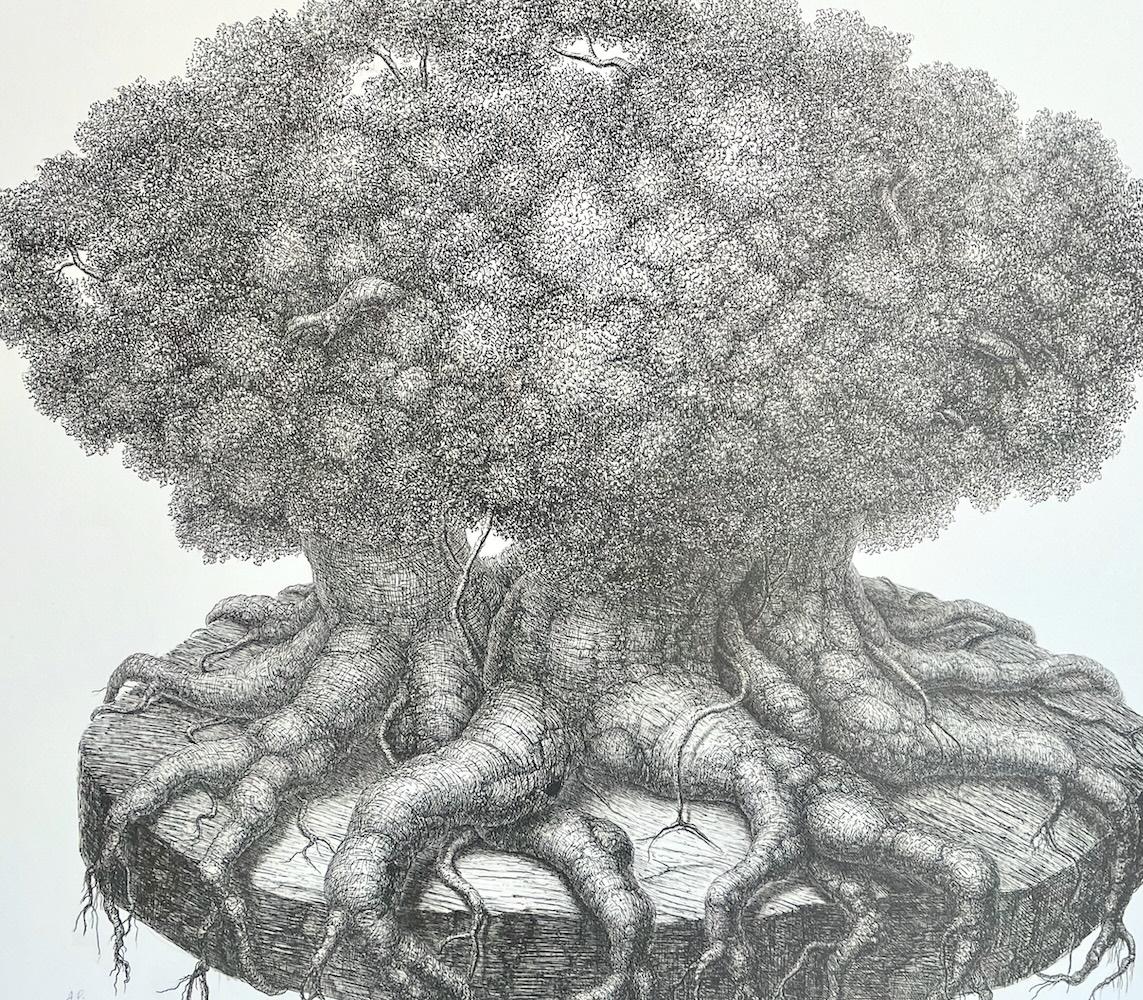 ÁRBOL SUPERVIVIENTE Litografía firmada, Dibujo surrealista, Retrato de árbol fantástico - Print de Hanna Kay