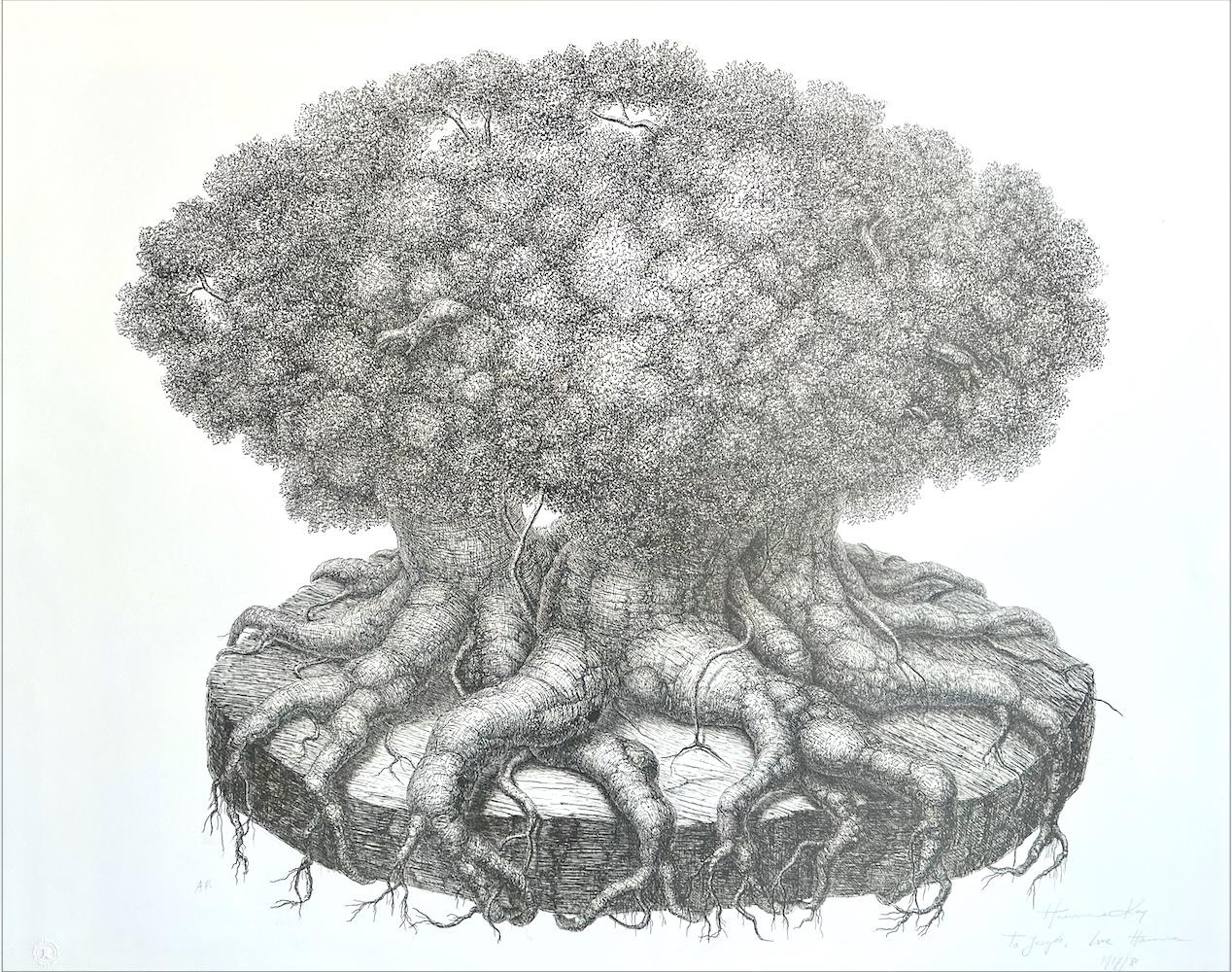 Still-Life Print de Hanna Kay - ÁRBOL SUPERVIVIENTE Litografía firmada, Dibujo surrealista, Retrato de árbol fantástico