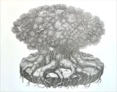 ÁRBOL SUPERVIVIENTE Litografía firmada, Dibujo surrealista, Retrato de árbol fantástico