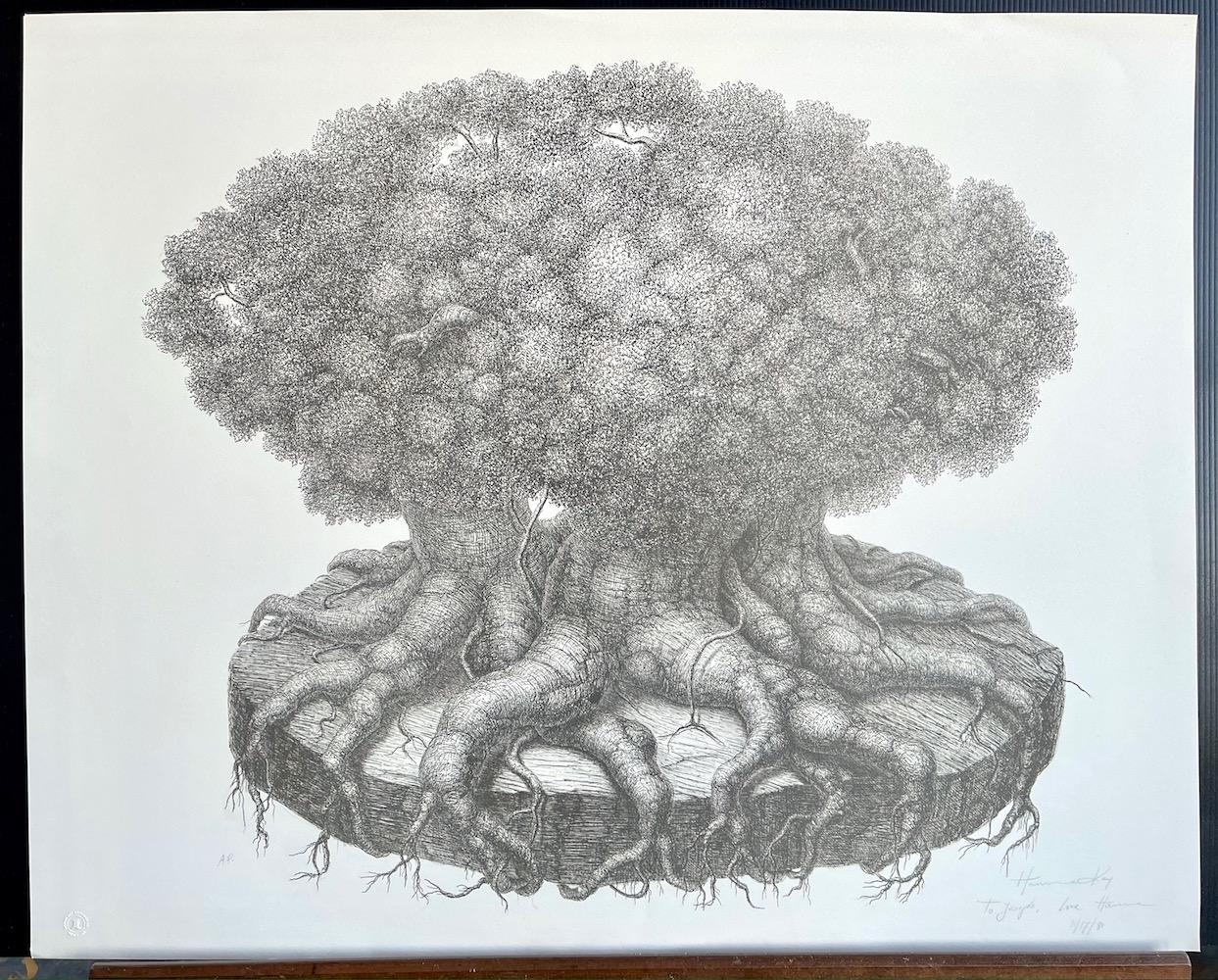 SURVIVOR TREE Signierte Lithographie, Surreale Baumzeichnung, botanische Fantasie (Surrealismus), Print, von Hanna Kay