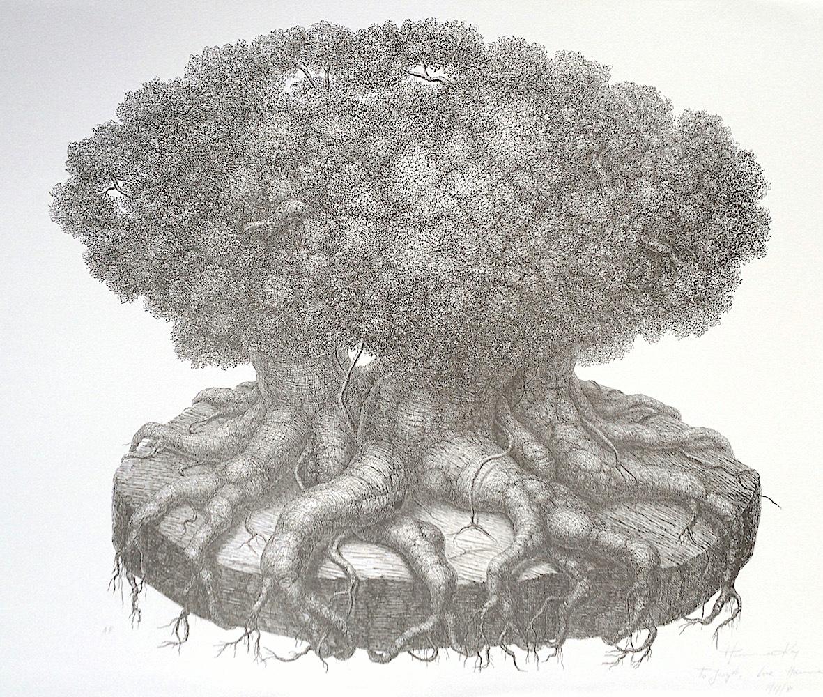 SURVIVOR TREE Signierte Lithographie, Surreale Baumzeichnung, botanische Fantasie