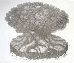 SURVIVOR TREE Signed Original Lithograph, Organic Tree Drawing, Clinging Roots