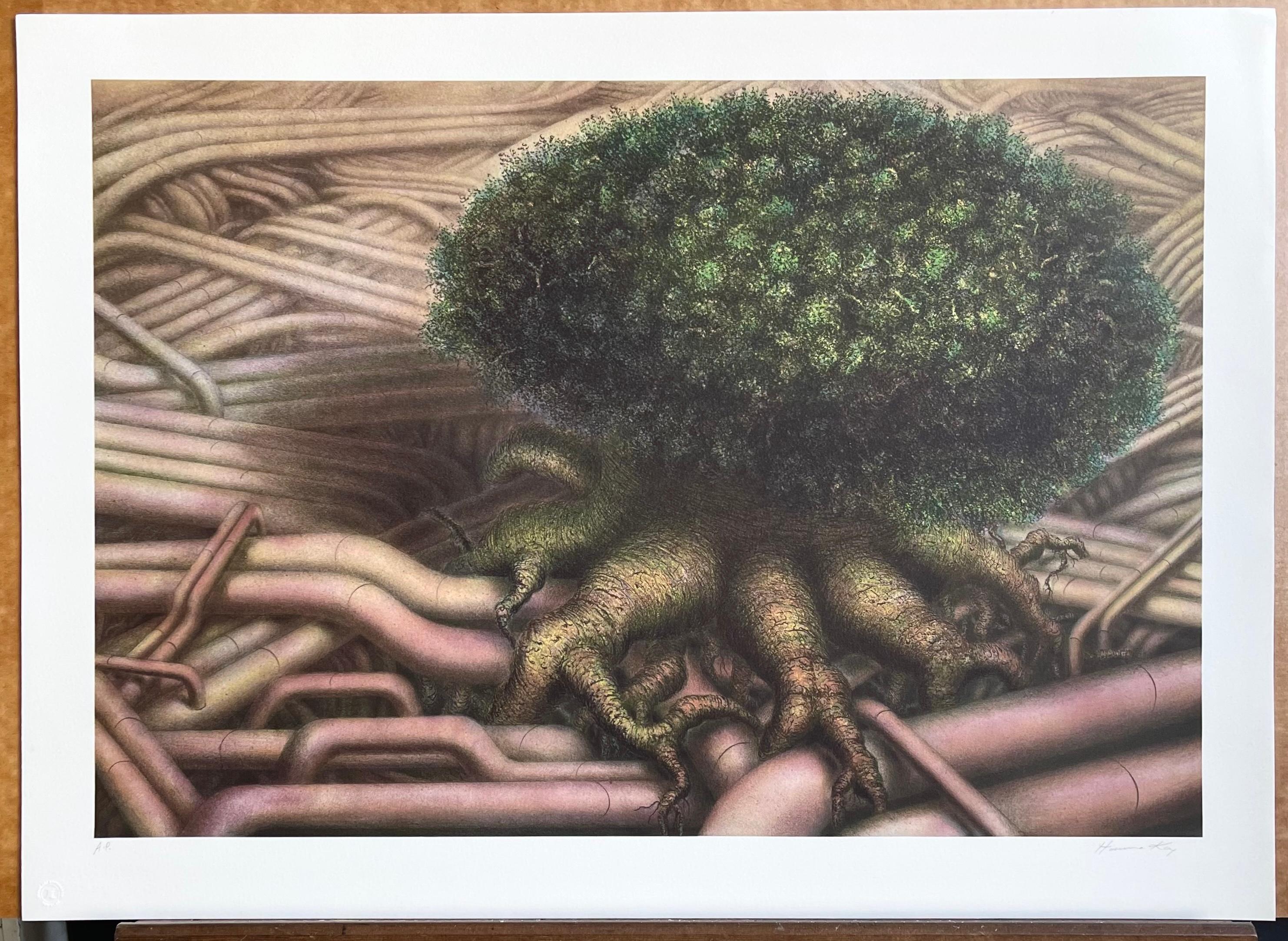 TREE ROOTS I, Hand Drawn Lithograph, Fantasy Landscape, Surreal Tree, Pipeline For Sale 1