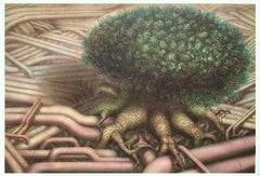 TREE ROOTS I, Hand Drawn Lithograph, Fantasy Landscape, Surreal Tree, Pipeline