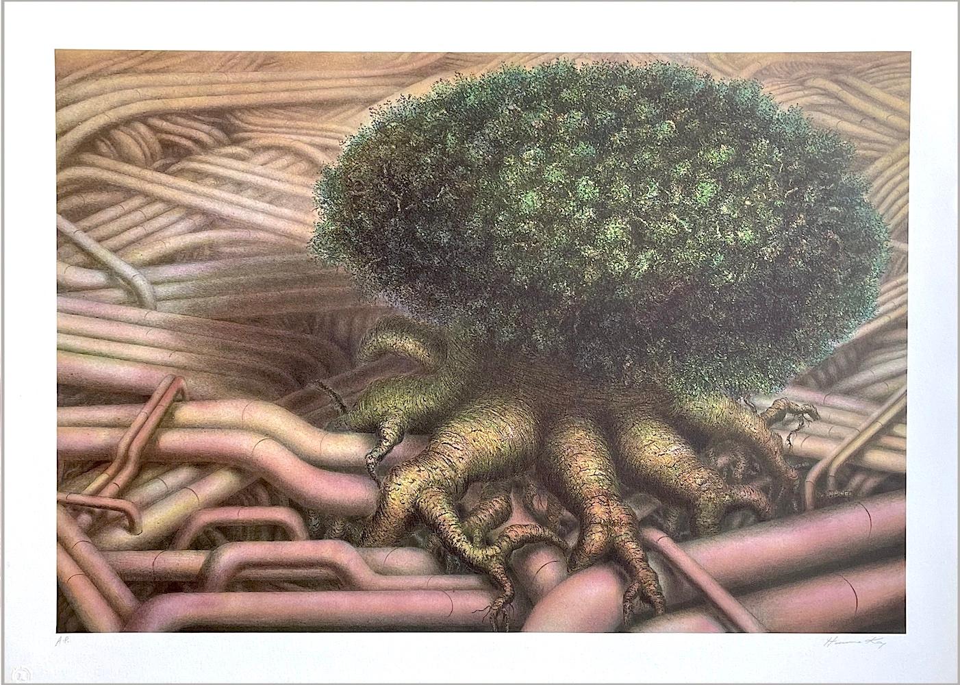 TREE ROOTS I, handgezeichnete Lithographie, Fantasie-Landschaft, Surrealer Baum, Pfeifen