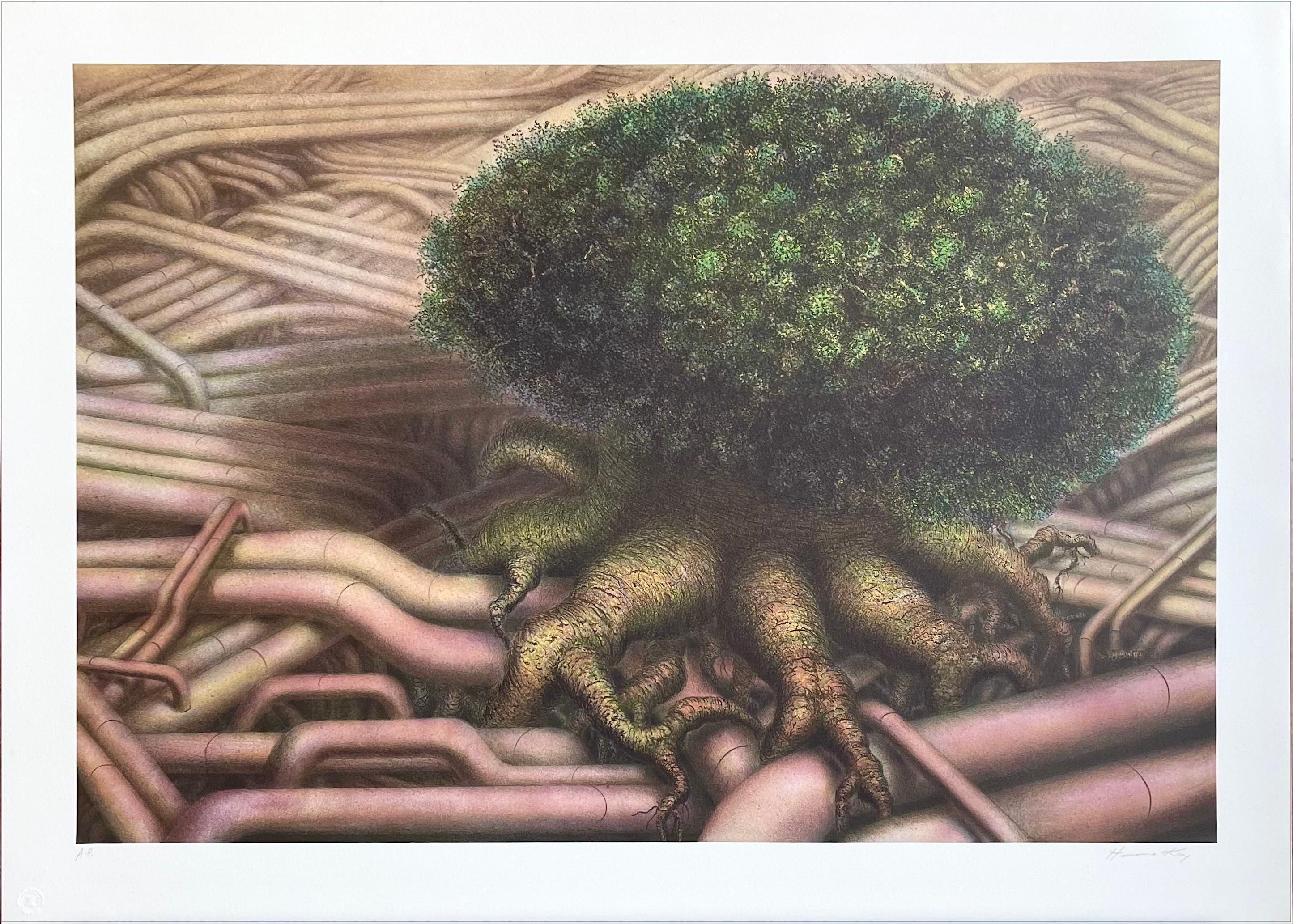 Hanna Kay Print - TREE ROOTS I, Hand Drawn Lithograph, Fantasy Landscape, Surreal Tree, Pipeline