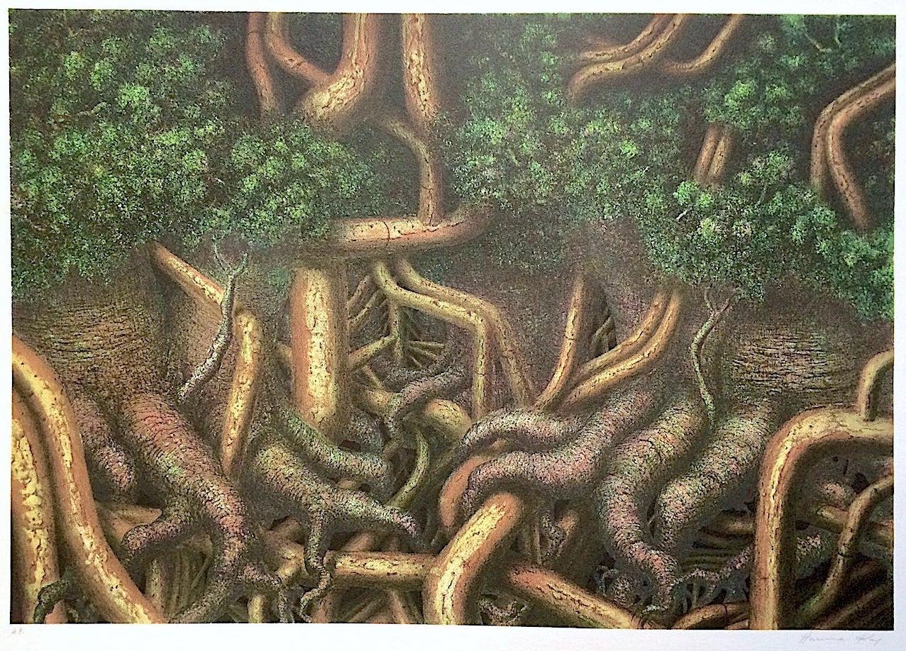 TREE ROOTS II Signed Lithograph, Surreal Forest Jungle Trees Green Yellow Brown 