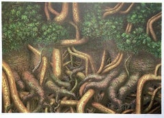 TREE ROOTS II Signed Lithograph, Surreal Forest Trees, Roots Green Yellow Brown 