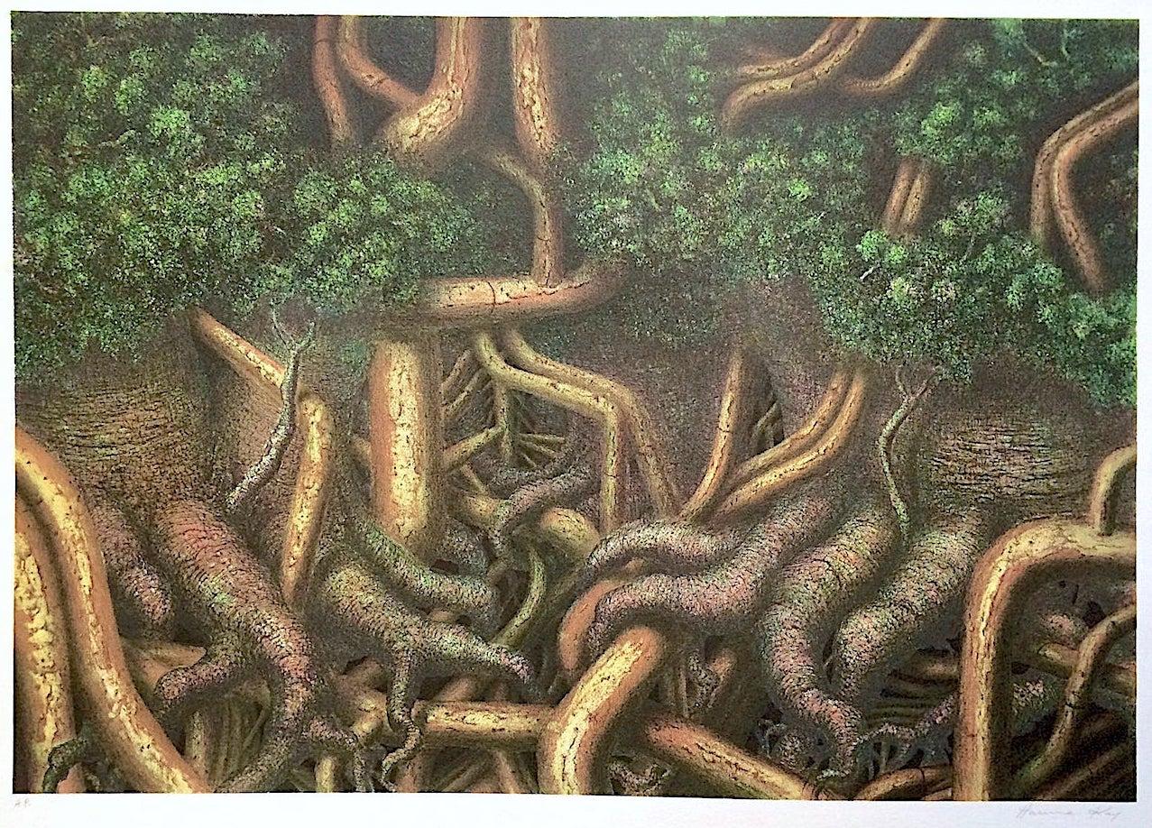TREE ROOTS II Litografia firmata, Paesaggio surreale, Alberi della foresta di Jungling - Print di Hanna Kay