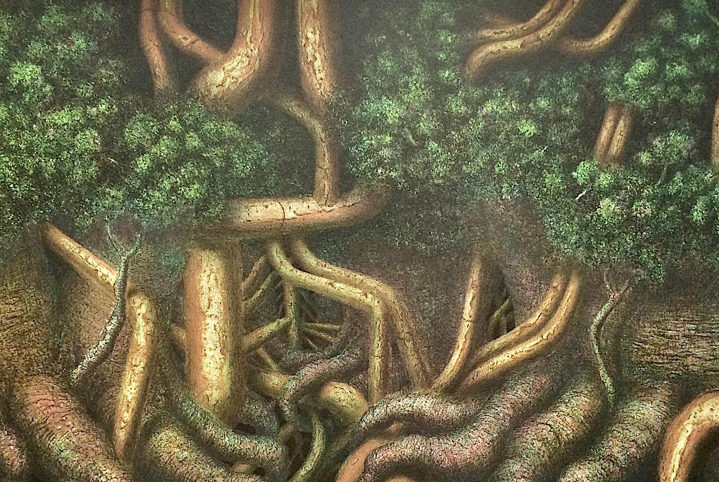 TREE ROOTS II Litografia firmata, Paesaggio surreale, Alberi della foresta di Jungling - Print Surrealismo di Hanna Kay