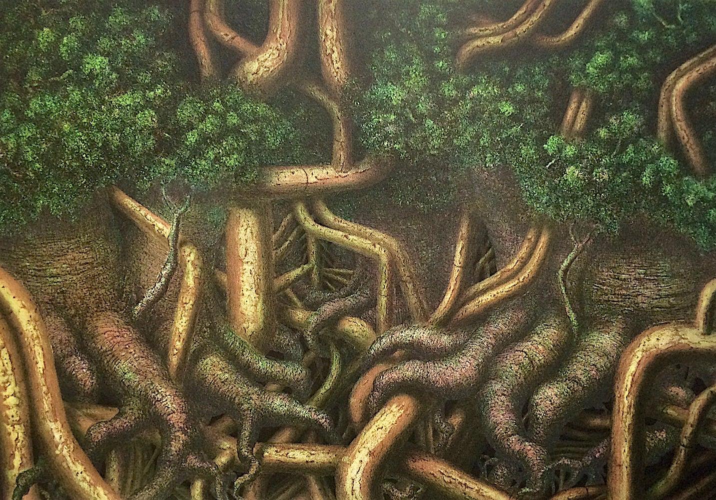 TREE ROOTS II Litografia firmata, Paesaggio surreale, Alberi della foresta di Jungling - Landscape Print Marrone di Hanna Kay