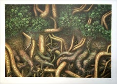 RAÍCES DE ÁRBOL II Litografía firmada, Paisaje surrealista, Bosque de árboles selváticos