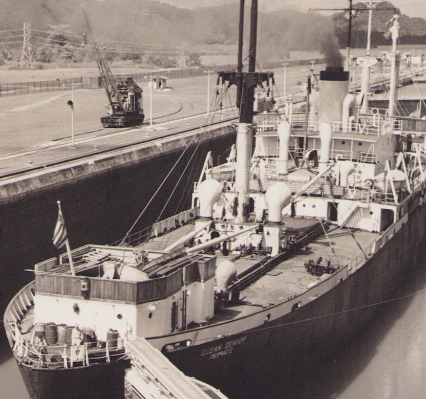 Panama-Canal, Ship, Black and White Photography, 1960s, 24 x 25, 7 cm - Brown Portrait Photograph by Hanna Seidel