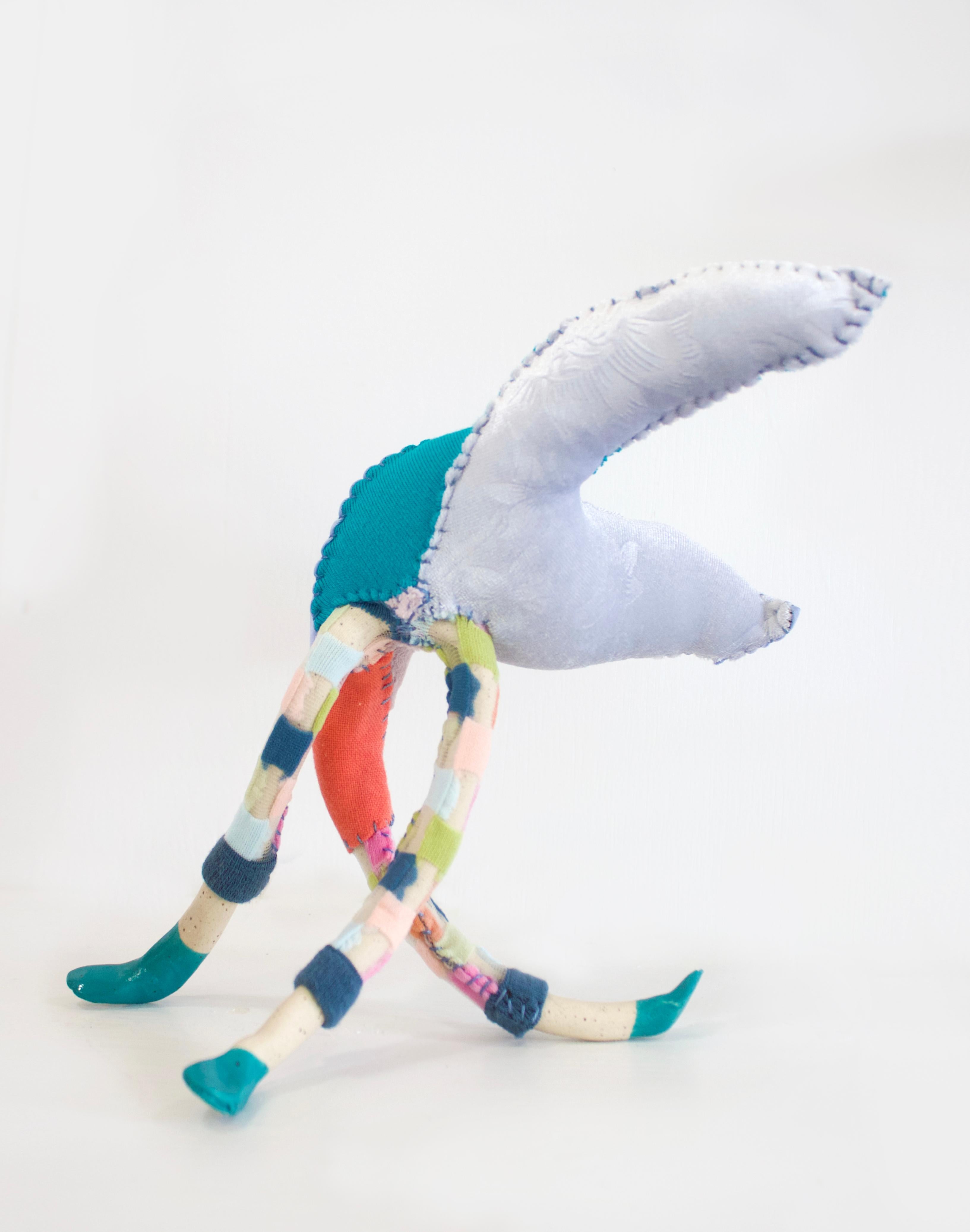 Hanna Washburn Abstract Sculpture - Jelly Legs, textile, patterned, blue, soft sculpture, stripes, blue, orange