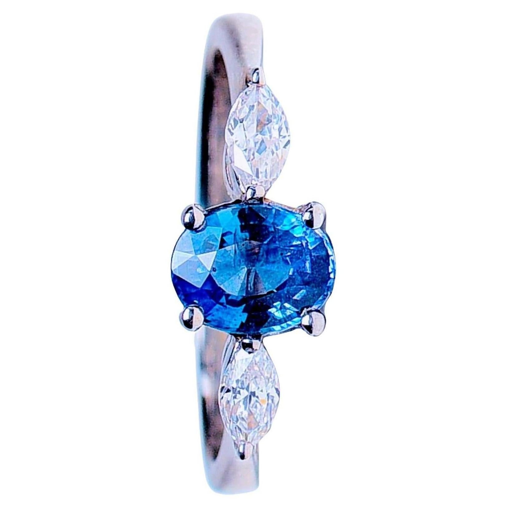  1ct Natural Untreated Oval Blue Sapphire 3 Stone Ring   For Sale