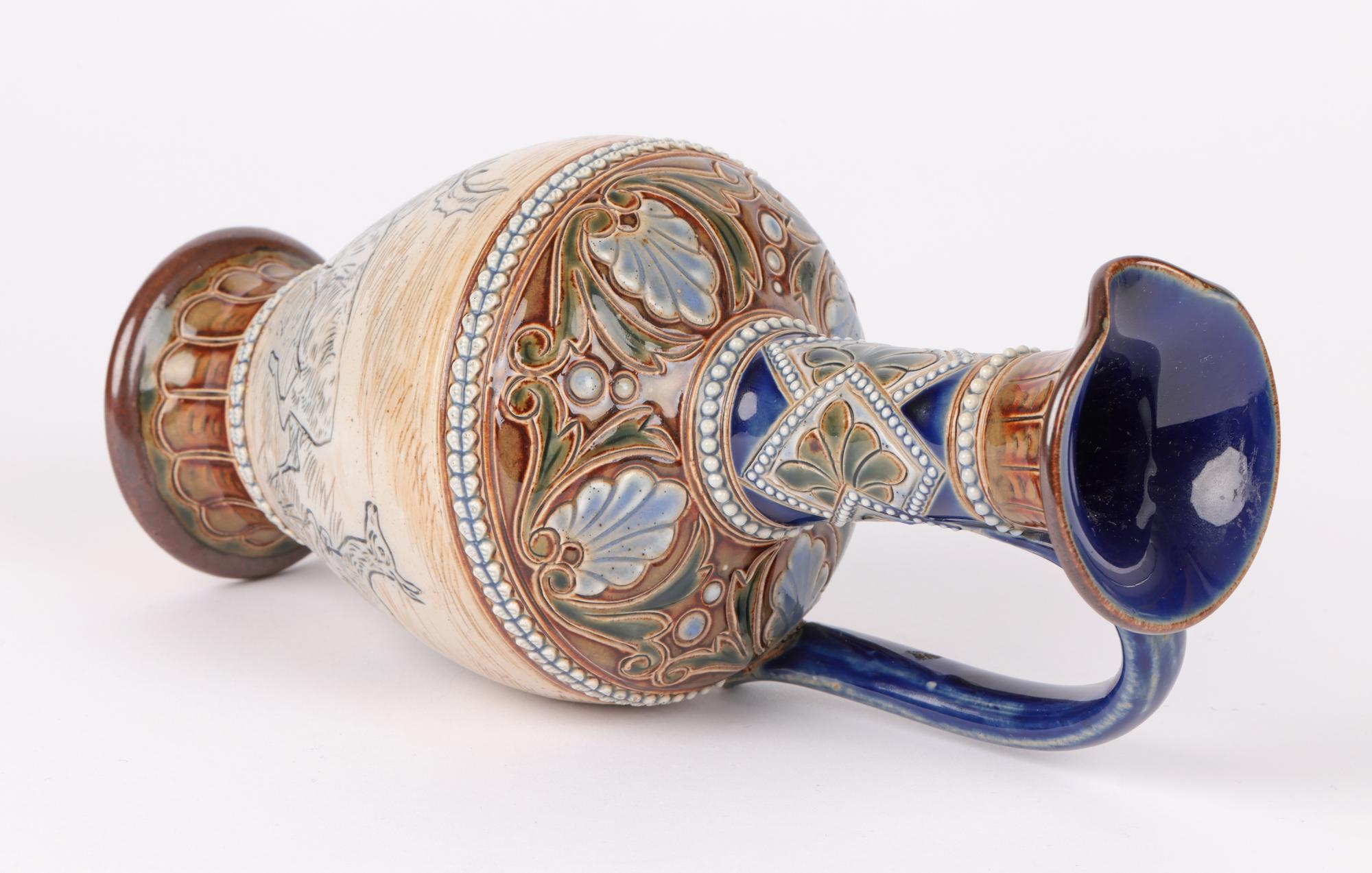 Hannah Barlow Doulton Lambeth Ewer with Stag & Deer In Good Condition In Bishop's Stortford, Hertfordshire