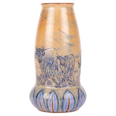 Vase en poterie d'art Hannah Barlow Doulton Lambeth Grazing Cattle