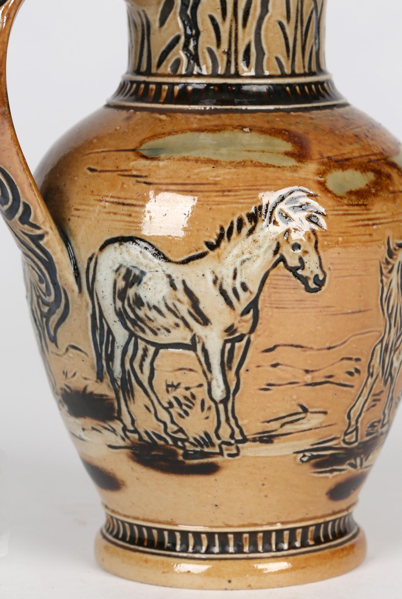 Late 19th Century Hannah Barlow For Doulton Lambeth Art Pottery Jug With Horses 