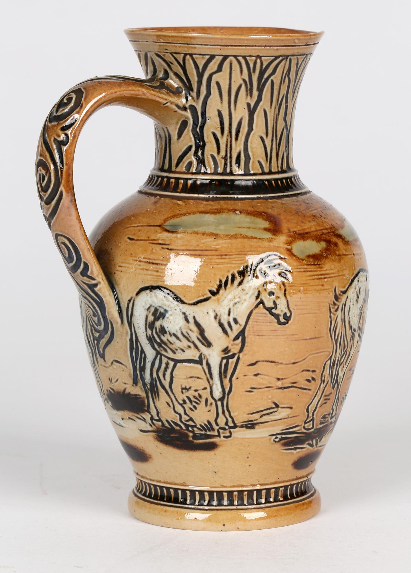 Hannah Barlow For Doulton Lambeth Art Pottery Jug With Horses  In Good Condition In Bishop's Stortford, Hertfordshire