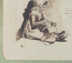 19th century ink drawing seated female figure with book sketch signed