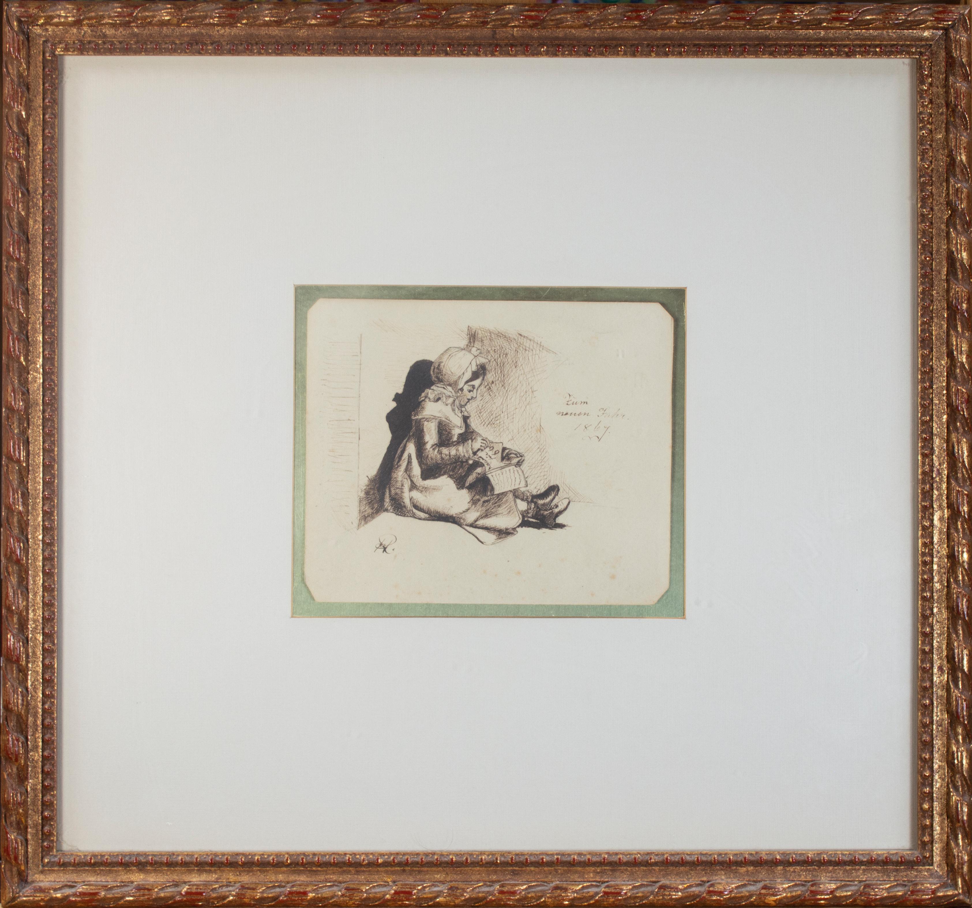 Disegno a inchiostro del XIX secolo con figura femminile seduta e schizzo di libro firmato - Figurative Art Beige di Hannah de Rothschild