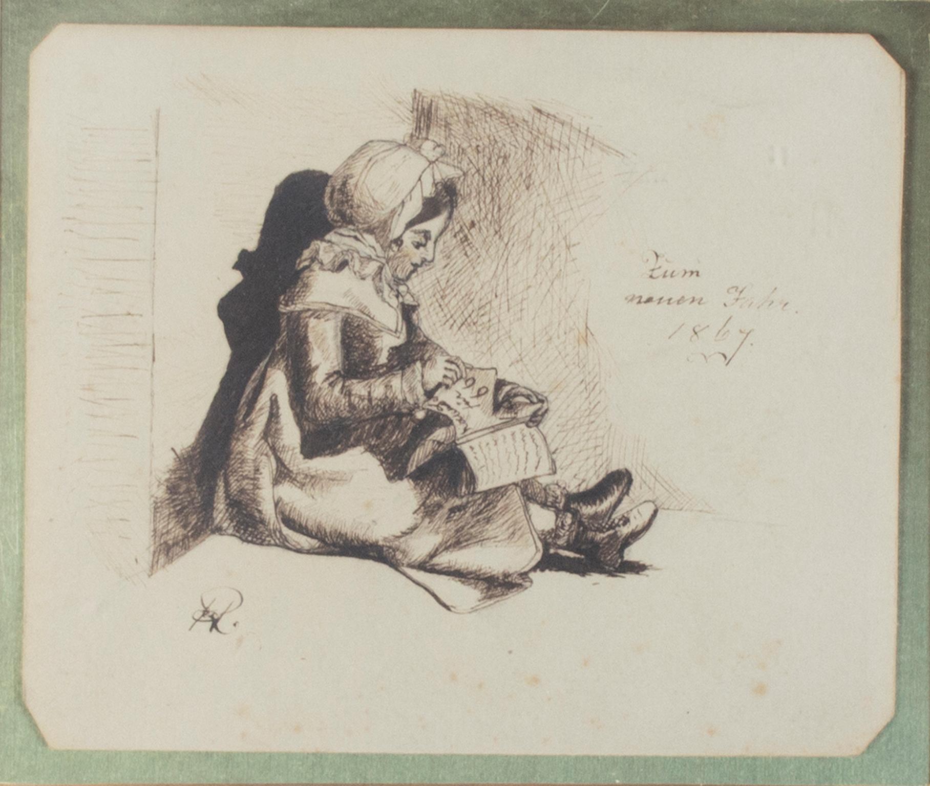 "Das neue Jahr" ist ein Porträt mit Feder und Tinte auf Papier, signiert von Hannah de Rothschild. Ein Mädchen sitzt still in einer Ecke mit einer Mütze. Ihr Blick ist auf ein Buch in ihrem Schoß gerichtet, aus dem sie gerade eine Seite herausreißen