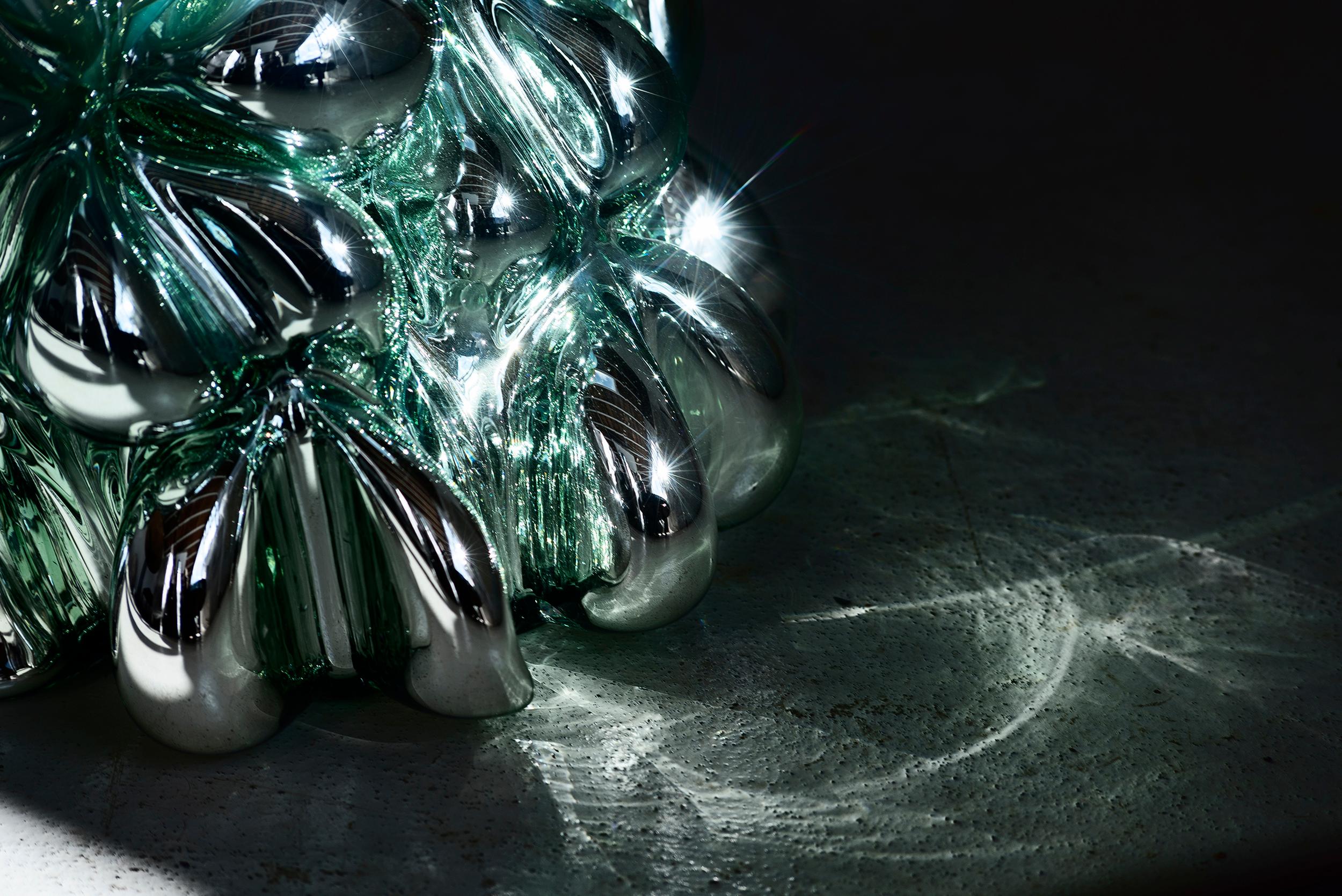 Swedish Hannah Hansdotter “Tiffany Print”, Pale Green/ Silver Hand Blown Glass Vase 2020
