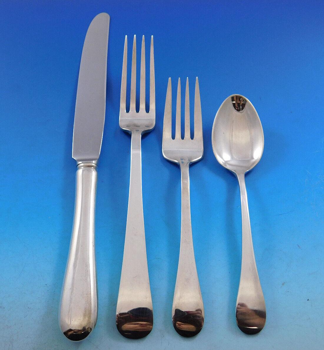 The unadorned Hannah Hull pattern, known for its simple, clean lines, was inspired by old colonial design and was first introduced by Tuttle in 1927.
Monumental Dinner and Luncheon size Hannah Hull by Tuttle sterling silver Flatware set, 115 pieces.