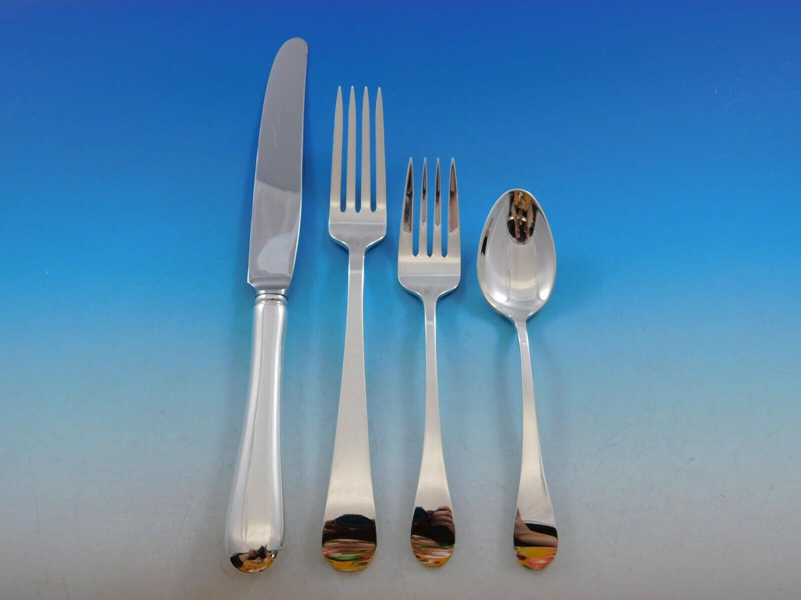 Dinner size Hannah Hull by Tuttle sterling silver flatware set, 92 pieces. All pieces are stamped with a date mark from Eisenhower's first term, for the years 1953-1956. This set includes:

12 dinner size knives, 9 1/2