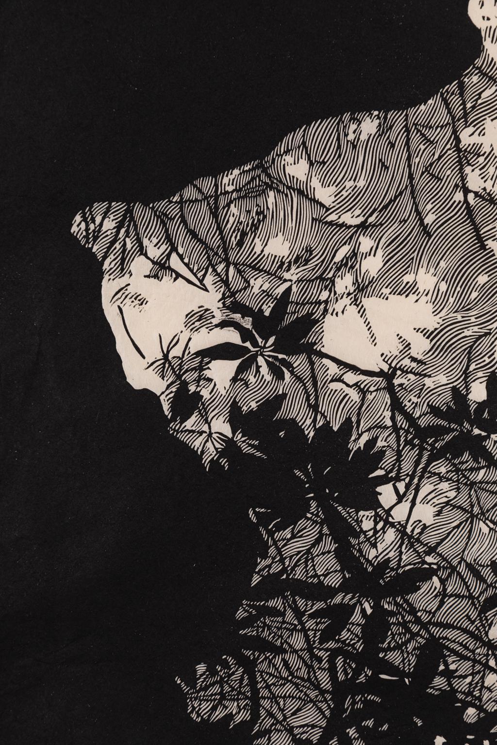 River Canopy - Impression de linogravure encadrée en noir et blanc de la forêt - Abstrait Print par Hannah Skoonberg